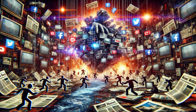 A chaotic newsroom setting with overlapping headlines and blurred text representing disinformation.